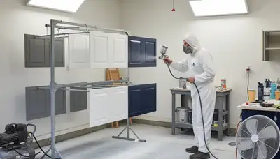 Professional cabinet painting process in Cleveland, OH with smooth spray finish for kitchen refinishing