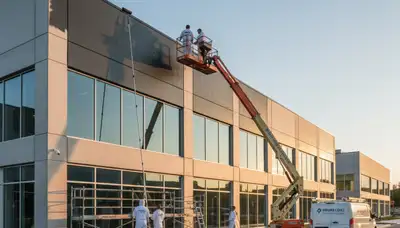 Professional commercial painters working on an office exterior in Cleveland, OH