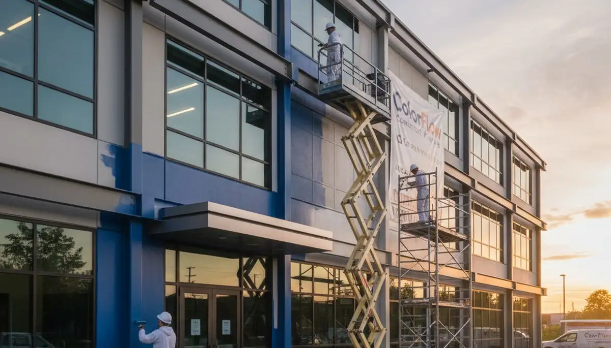 Professional commercial painters coating office exterior in Cleveland, OH for durable, weatherproof finish