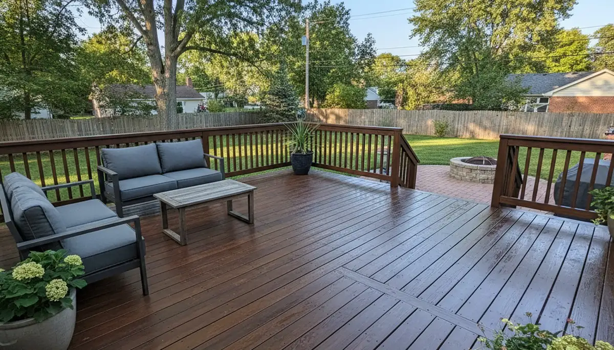 Finished deck staining with rich wood finish by professional house painters in Cleveland, OH