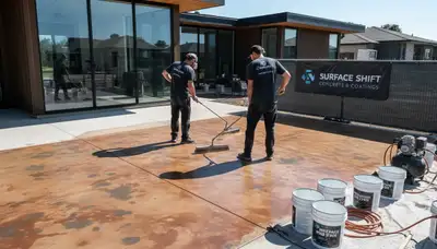 Professional concrete staining on residential garage floor in Cleveland, OH by local painting experts