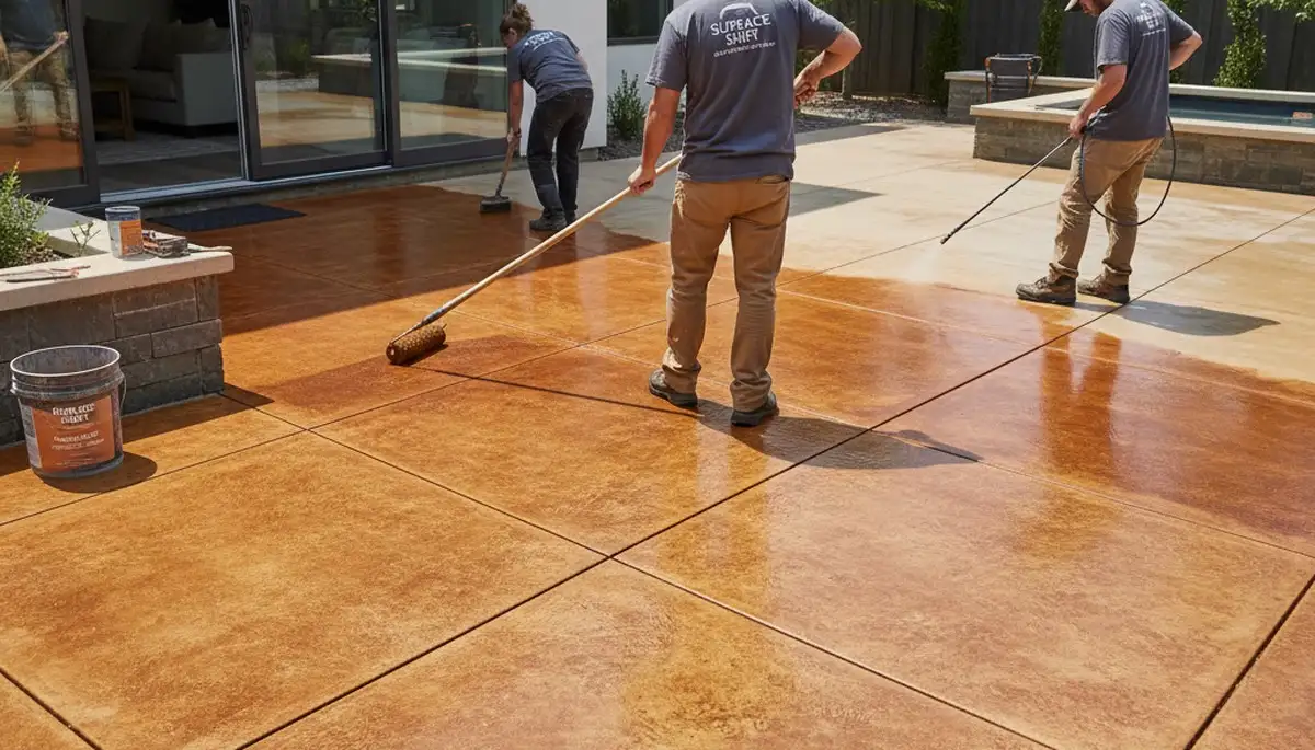 Professional concrete staining on residential garage floor in Cleveland, OH by expert painters