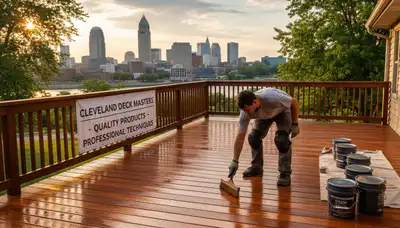 Professional deck staining in Cleveland, OH applying UV-protective finish for long-lasting wood beauty