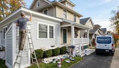 Professional house painters working on exterior home repaint in Cleveland, OH