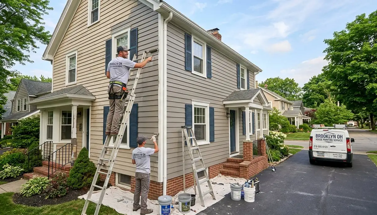 Professional house painters working on residential exterior in Cleveland, OH