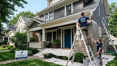 Professional house painters working on residential exterior in Cleveland, OH