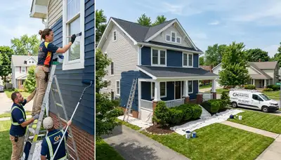 Professional house painters working on exterior home in Cleveland, OH