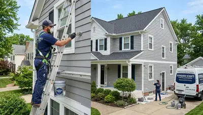 Professional house painters working on residential exterior in Cleveland, OH