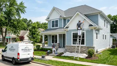 Professional house painters working on residential exterior in Cleveland, OH