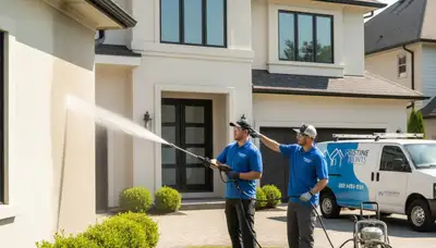 Professional pressure washing a Cleveland OH home exterior removing dirt, salt, and mildew buildup