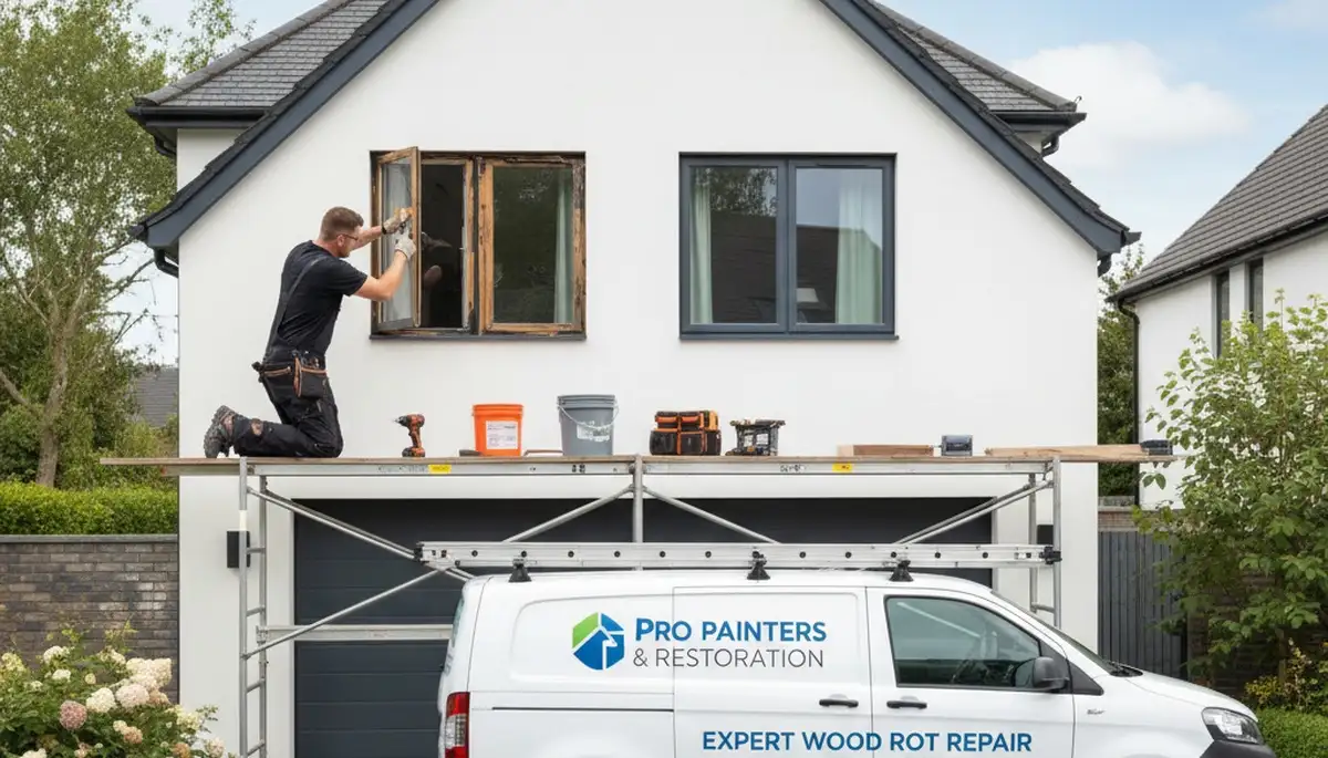 Professional wood rot repair and house painting on exterior siding in Cleveland, OH